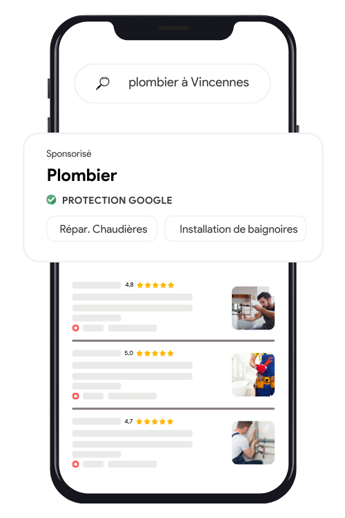 Annonce Local Services Ads pour un plombier à Vincennes affichée sur un smartphone.